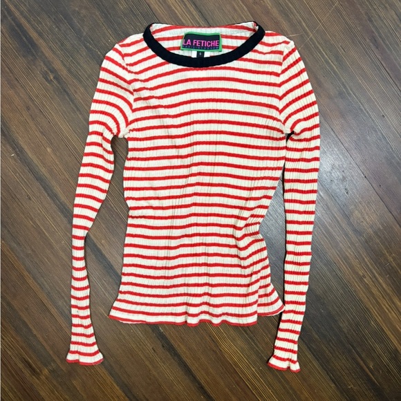 La Fetiche Tops - La Fetiche Red & Cream Striped Ribbed Long Sleeve Top - Made in France, Small